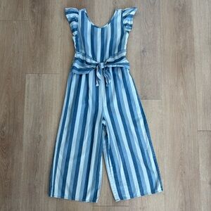 Wonder Nation Girls Jumpsuit Size Large 10-12 Chambray Blue Striped Tie Waist